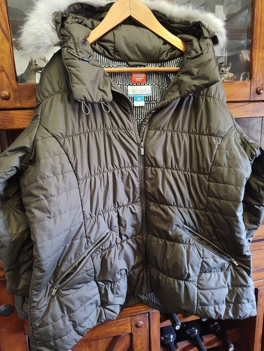 Columbia Olive/Brown Hooded Puffer Jacket with Faux Fur Trim